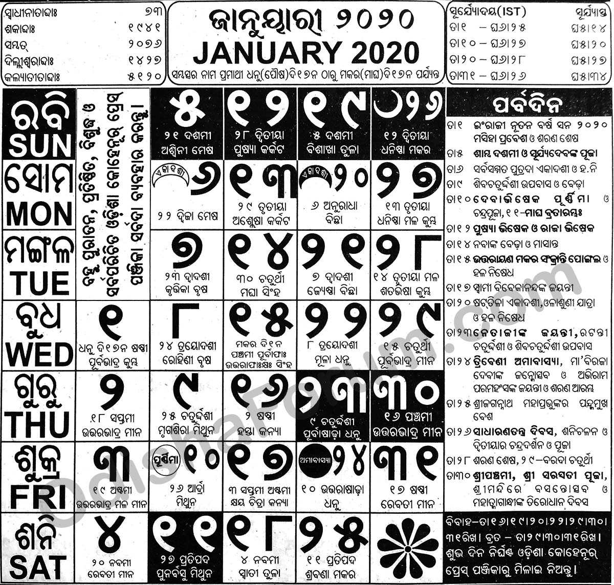 2020 January Oriya Calendar